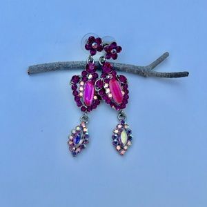 Crystal chandelier silver tone, magenta earrings.
